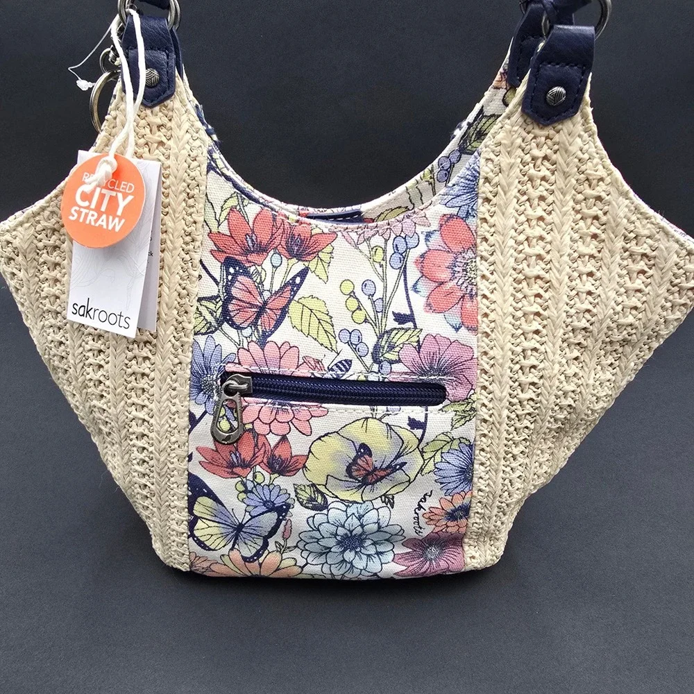 Sakroots Artist Circle Recycled City Straw Floral Butterfly Hobo Bag Navy Blue